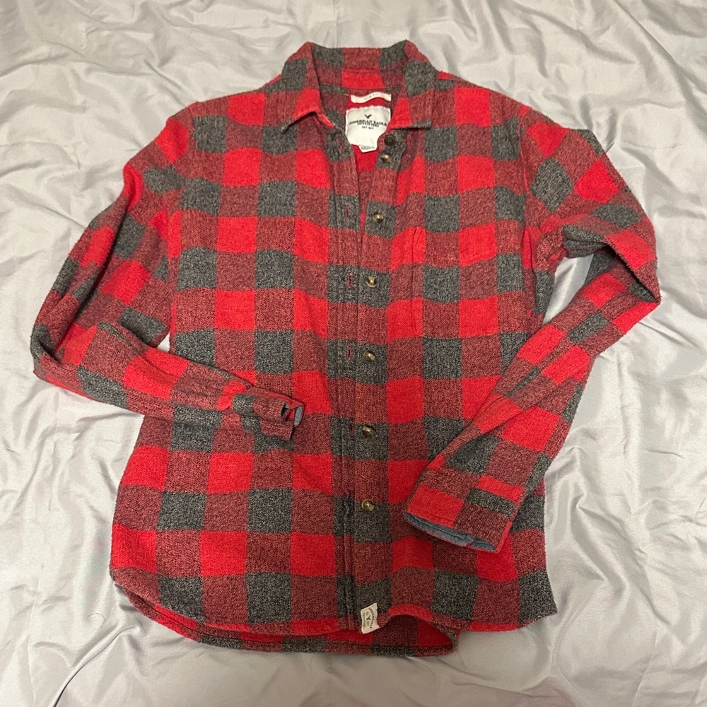 AE Red and Gray Plaid Button-Up Shirt - S